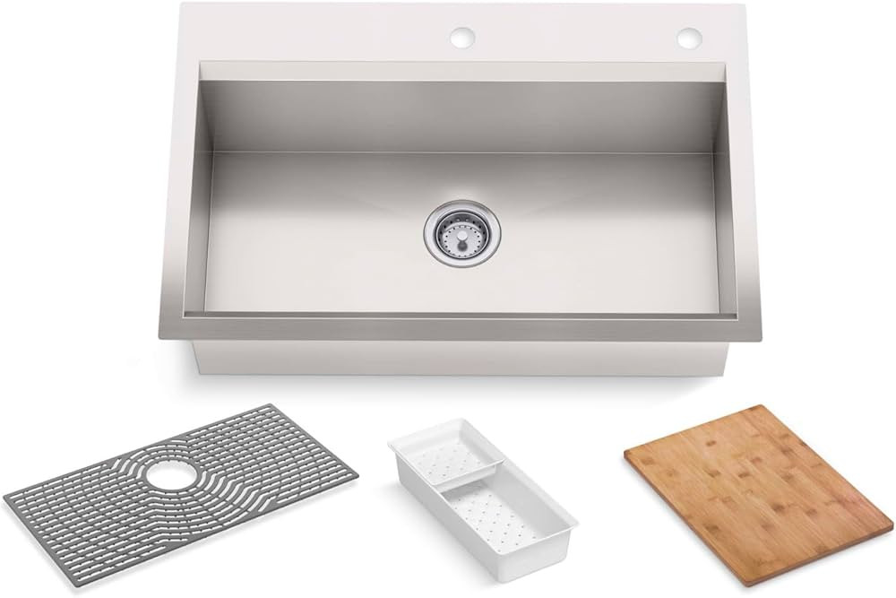KOHLER Task Kitchen Sink, Stainless Steel Dual Mount Single Bowl, 33" Workstation Sink, 2 hole fa... | Amazon (US)