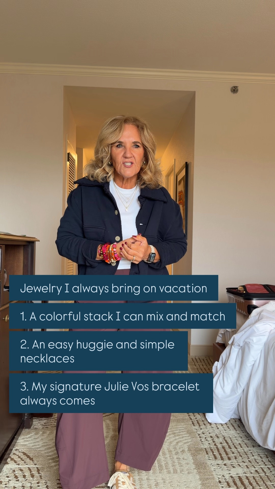 I always bring a beaded bracelet stack, sometimes they are curated by me from my own collection and sometimes a new stack from the site. It just depends on what I’m packing. I have a 20% off code NANETTE20
A few simple gold pieces like my huggy earrings and the three necklaces I’m wearing they’re currently 20% off
Lastly, I bring some of my signature Julie Vos pieces. I will link below.

#LTKOver40 #LTKTravel #LTKootd