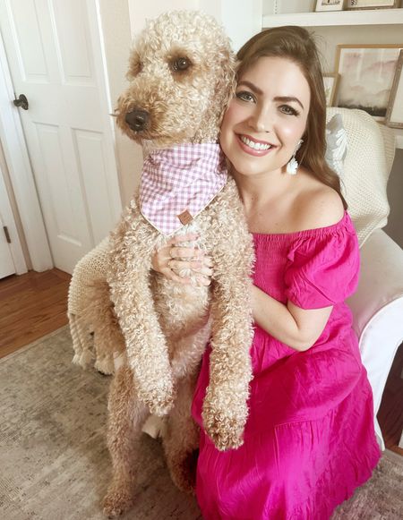 Honey Mae is loving this warm spring weather! She thinks she needs to visit her bestie the squirrel every hour! 🤣 Found the perfect off the shoulder dress to match her @thefoggysoggy bandanna! I’m obsessed with anything off the shoulder!  

#LTKfindsunder50