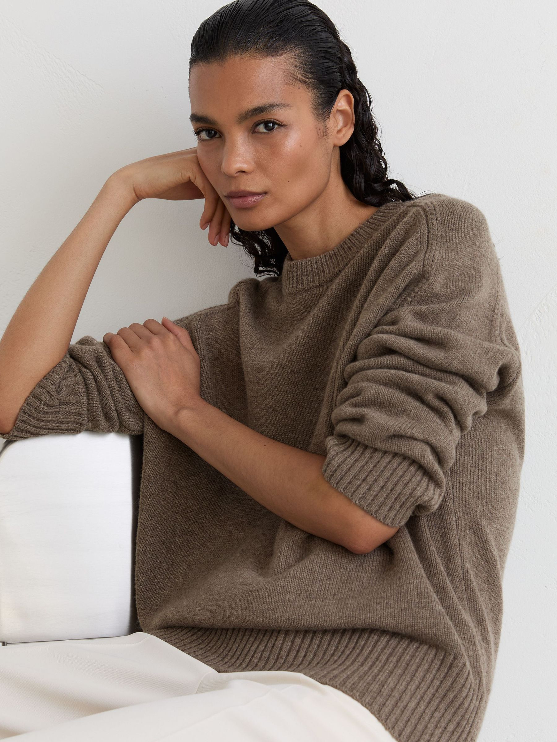 Reiss Wool-Cashmere Crew-Neck Raglan Jumper in Dark Neutral - REISS | Reiss UK