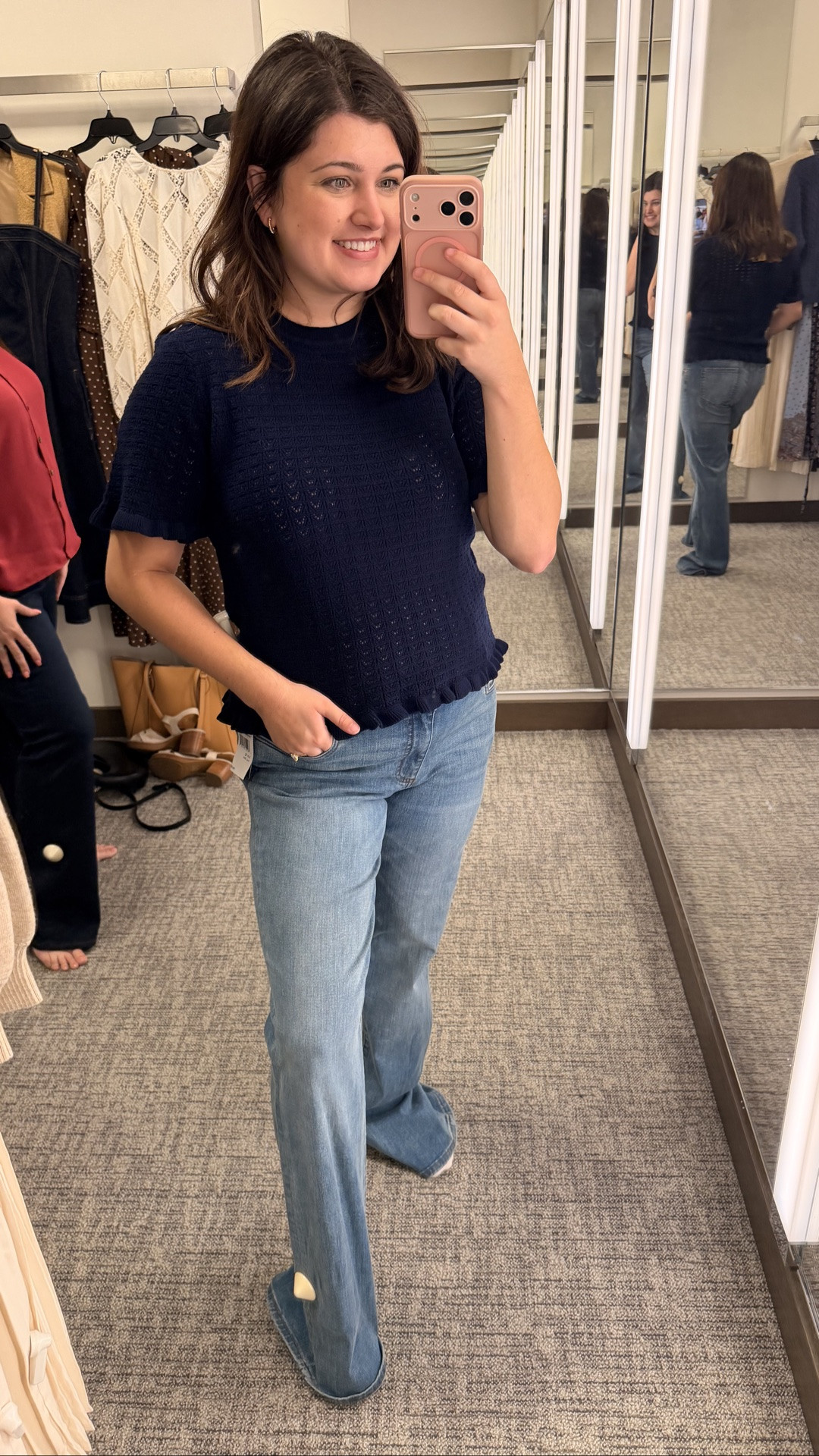 NORDSTROM SALE FIND! This knit top is airy and perfect for transitioning from summer to fall. These jeans were too long on me but I would have bought them otherwise! Size L/12

#LTKSaleAlert #LTKmomlife #LTKMidsize