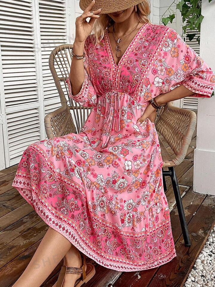 SHEIN VCAY Floral Print Tie Front Ruffle Hem Dress | SHEIN