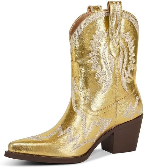 Western Boots for Women Metallic Embroidered Pointed Toe Cowgirl Boots Chunky Heel Pull-On Short ... | Amazon (US)