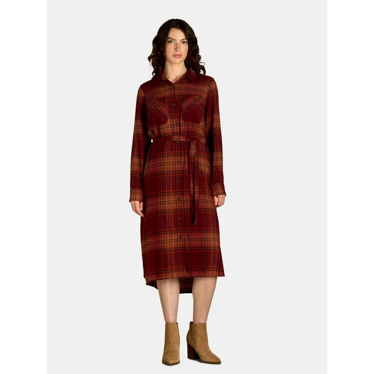 Time and Tru Women’s and Women’s Plus Plaid Button Front Dress with Belt, Sizes XS-4X | Walmart (US)