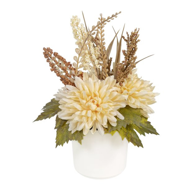 Mainstays Fall 10" Artificial Cream Mum Greenery Plant in White Pot | Walmart (US)