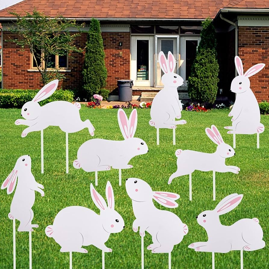 Set of 9 Easter Bunny Yard Signs Bunny Garden Lawn Signs Plastic Outdoor Lawn Sign White Rabbits ... | Amazon (US)