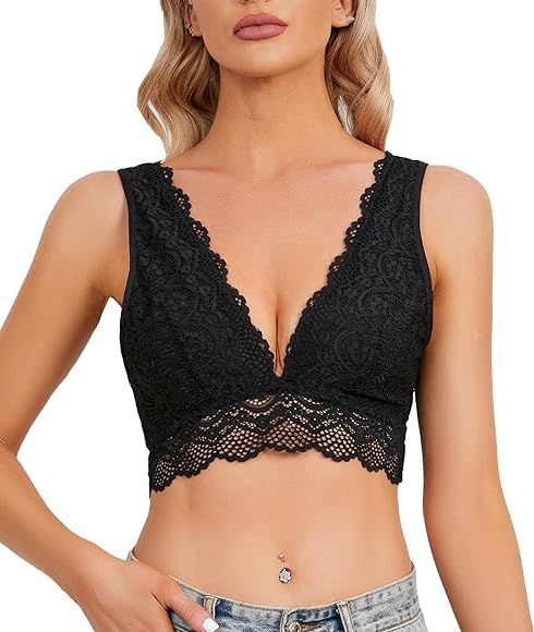 YIANNA Lace Bralette, Women's Deep V Neck Unpadded Lace Long Line Plunge Bralette Bra | Amazon (US)