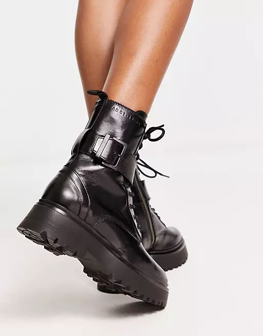 AllSaints - Onyx - Leren laarzen met gesp en lichtgewicht rubberen zool in zwart | ASOS (Global)