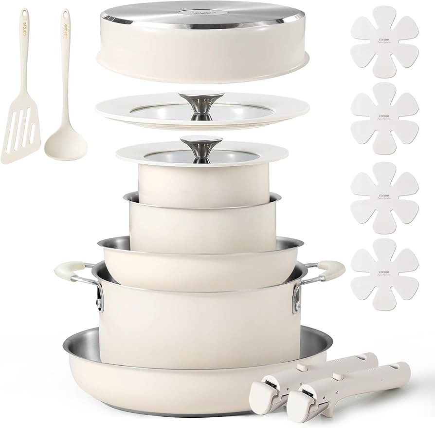 CAROTE 16Pcs Stainless Steel Cookware Set With Detachable/Removeble Handle Set, Space Saving Pots... | Amazon (US)