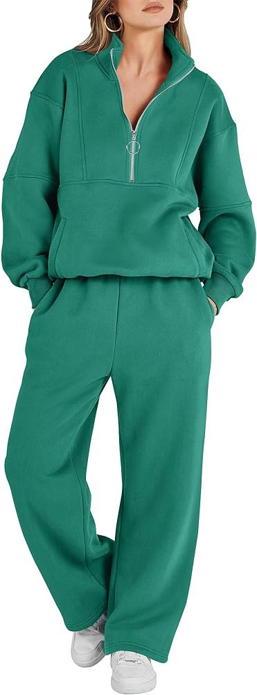 ANRABESS Women 2 Piece Outfits Sweatsuit Set 2023 Fall Oversized Half Zip Sweatshirt Wide Leg Swe... | Amazon (US)