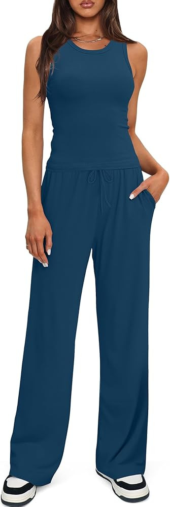 Darong Women's 2 Piece Outfits Lounge Sets Sleeveless Tank Tops Wide Leg Pants Sets Tracksuits Ma... | Amazon (US)