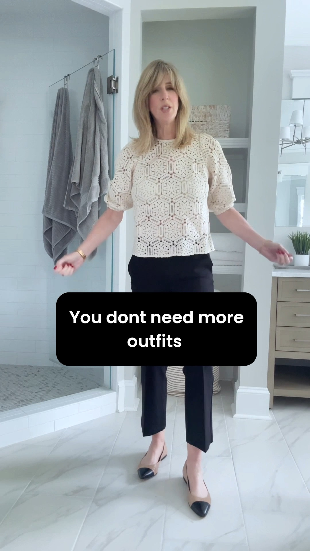 I preach this often.  You don’t need more outfits.  

You need the right accessories so you can wear the same outfit in multiple ways, like my work outfit that I’m taking into dinner. 

A comfortable pull on trouser pant with great structure - travels extremely well. I’ve worn theee on overnight flights. 

A black blazer is a wardrobe staple must. Wear for work, travel or casually paired with denim and a tee. 

An all leather ballet flat that feels just as comfy 10 hours later.  Swapped for a cushioned sole kitten sandal just to take this from day to night. 

An adjustable belt that can be worn in multiple ways.  

Easy, everyday pieces that can take your outfit from day to night.  

Wearing size 6 in pants, a 36 in top (French sizing - I wear a 6/8 in US). Blazer is a small for a more tailored look.  

#LTKootd #LTKTravel #LTKWorkwear