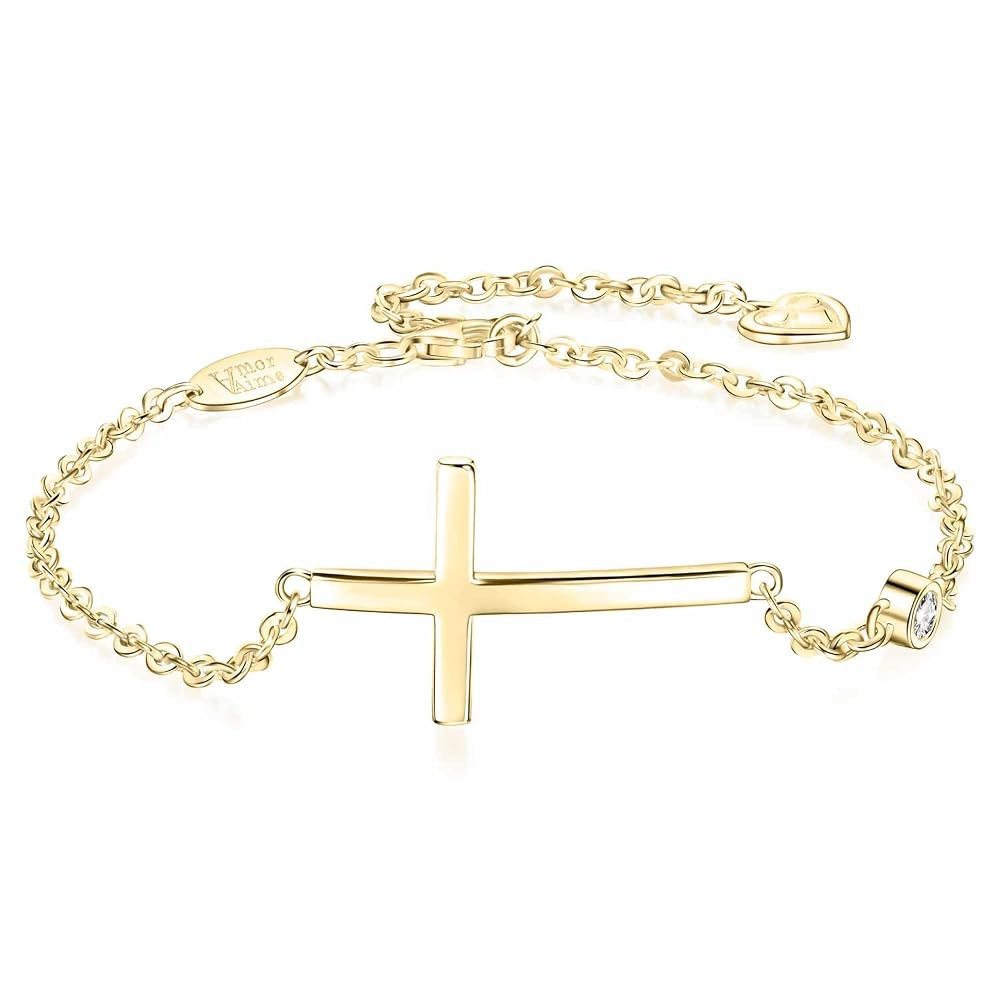 AmorAime 925 Sterling Silver Cross Bracelet for Women Christian Faith Bracelet 14K Gold Plated Br... | Amazon (US)