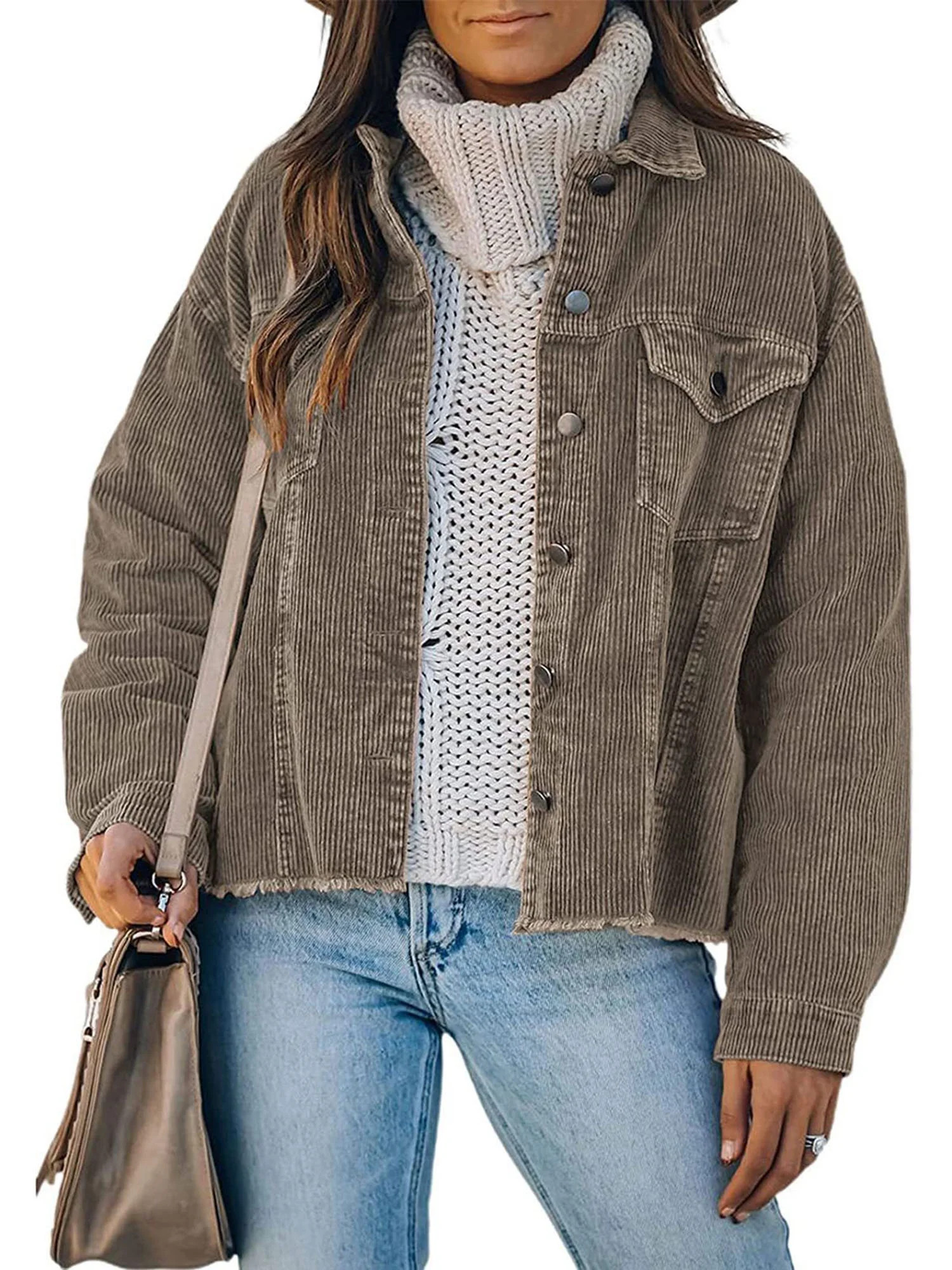 Womens Casual Cropped Corduroy Jackets Button Down Long Sleeve Frayed Hem Retro Shacket Denim Coa... | Walmart (US)