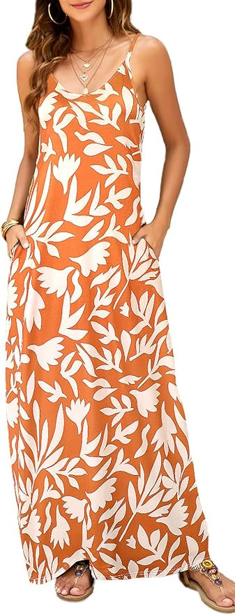 Supnier Women's Summer Maxi Dress Casual V-Neck Sleeveless Bohemian Spaghetti Strap Floral Long M... | Amazon (US)