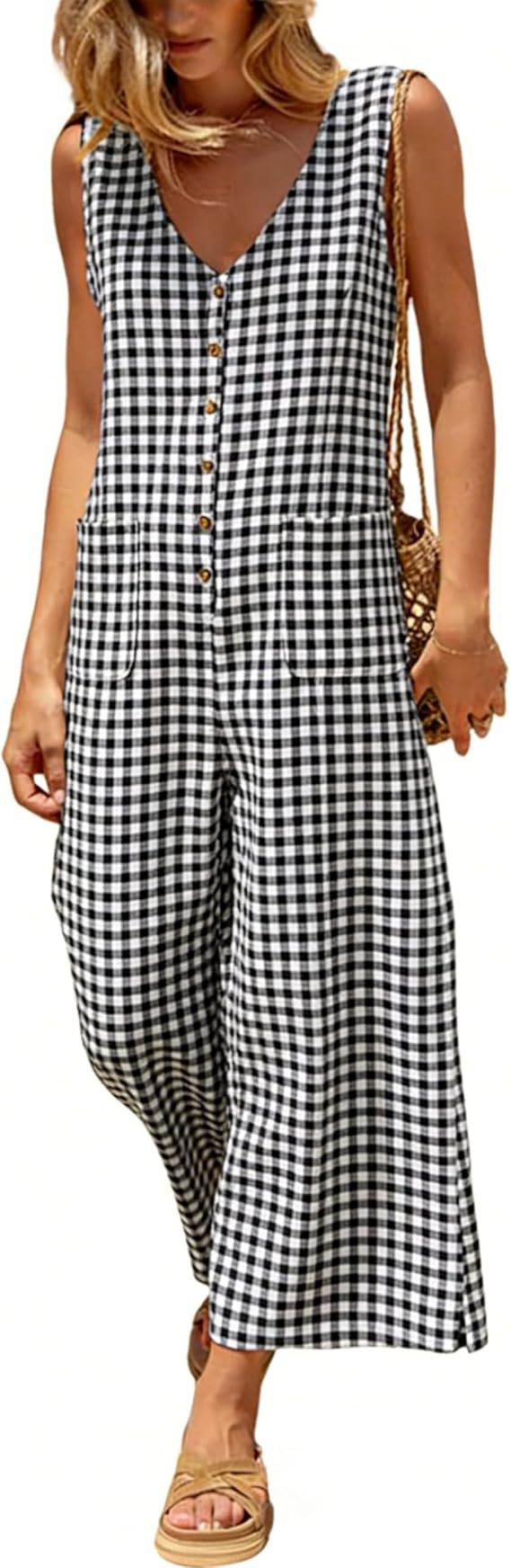 UANEO Women Button Down Gingham Plaid Jumpsuit Casual Sleeveless Wide Leg Romper Relaxed Summer O... | Amazon (US)