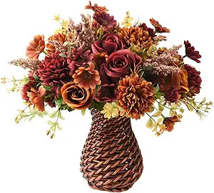 INQCMY Fall Artificial Flowers with Vase,Silk Flower Arrangements,Artificial Rose Bouquets in Han... | Amazon (US)