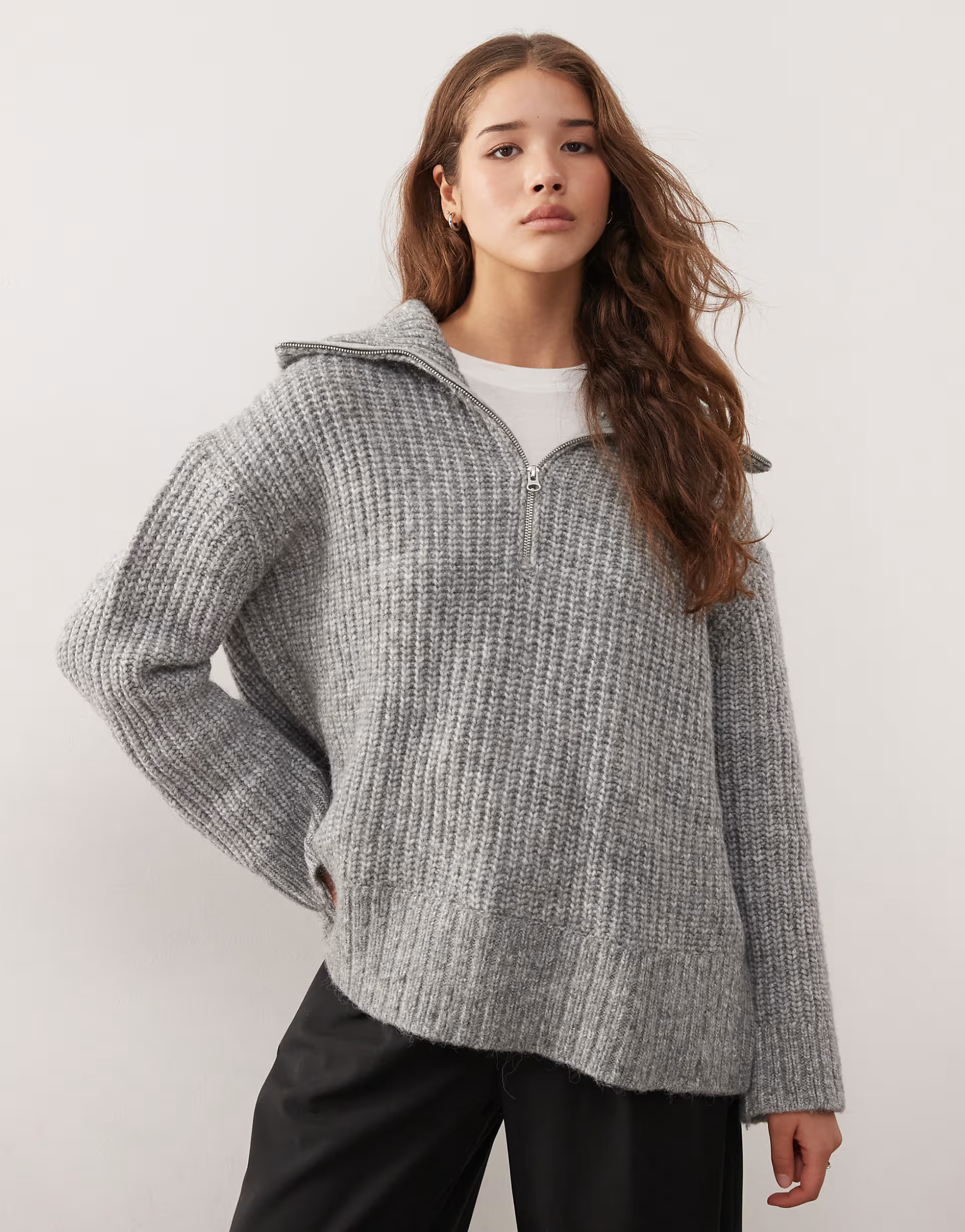 Weekday Cillia half zip extreme collar heavyweight jumper in grey melange | ASOS | ASOS (Global)