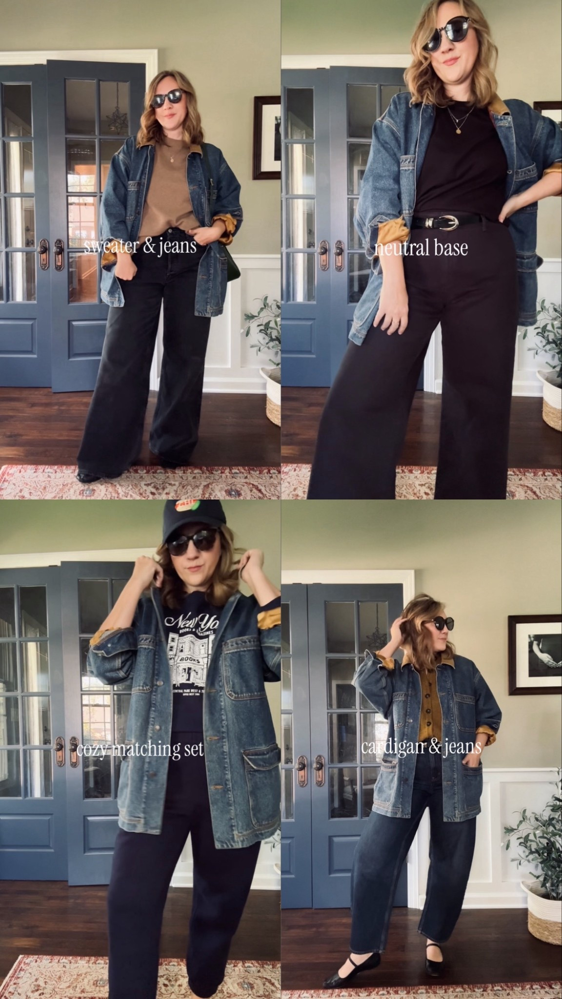 Fours Ways to Style Your New Chore Coat 

Coat- mine is vintage BR - linking others - love love love the one form marine layer 

Look 1-
Cardigan- Quince - up a size 
Jeans- Agolde tts 
Maryjanes- Madewell- down a half size 

Look 2- 
Tee- old navy tts
Jeans- Target tts
Belt - Target 
Maryjanes- old form target but linking similar 

Look 3 - 
Sweatshirt - old navy- up a size 
Sweatpants - gap (this is a matching set I’ll link the sweat shirt that goes with it too) up a size 
Hat- Alice & Wonder

Look 4 -
Cardigan- Sézane - up a size 
Jeans- Gap - up a size 
Belt- Target 
Maryjanes - Madewell down a half size 

#LTKOver40 #LTKSeasonal #LTKStyleTip

#LTKFindsUnder100 #LTKTall #LTKSaleAlert