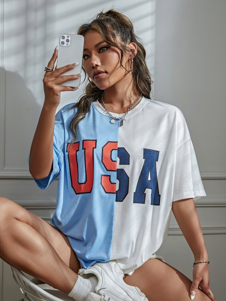 Colorblock Letter Graphic Drop Shoulder Tee | SHEIN