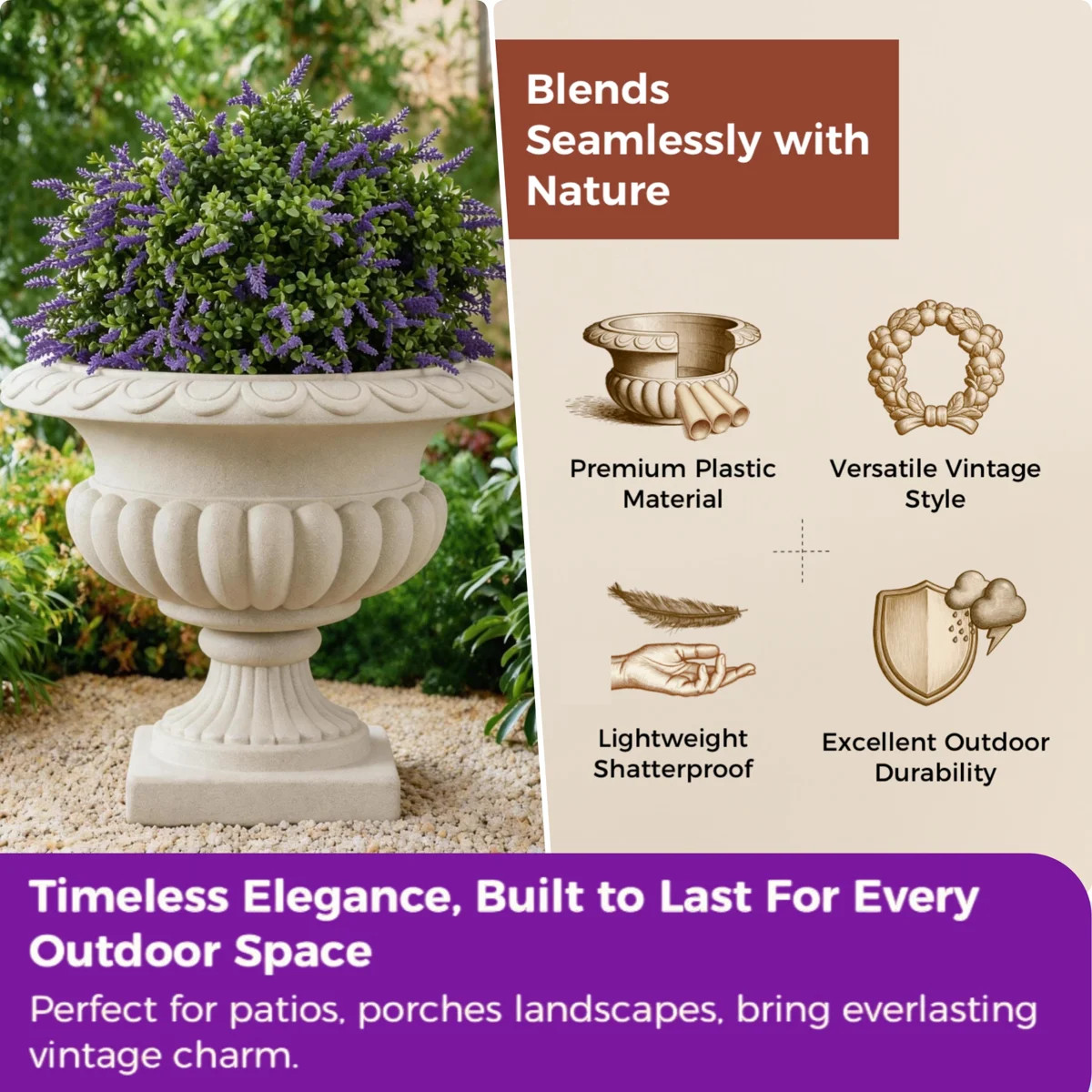 20"H Classical Roman Urn Planter, Lightweight Plastic European Pedestal Flower Pot with Embossed ... | Wayfair North America