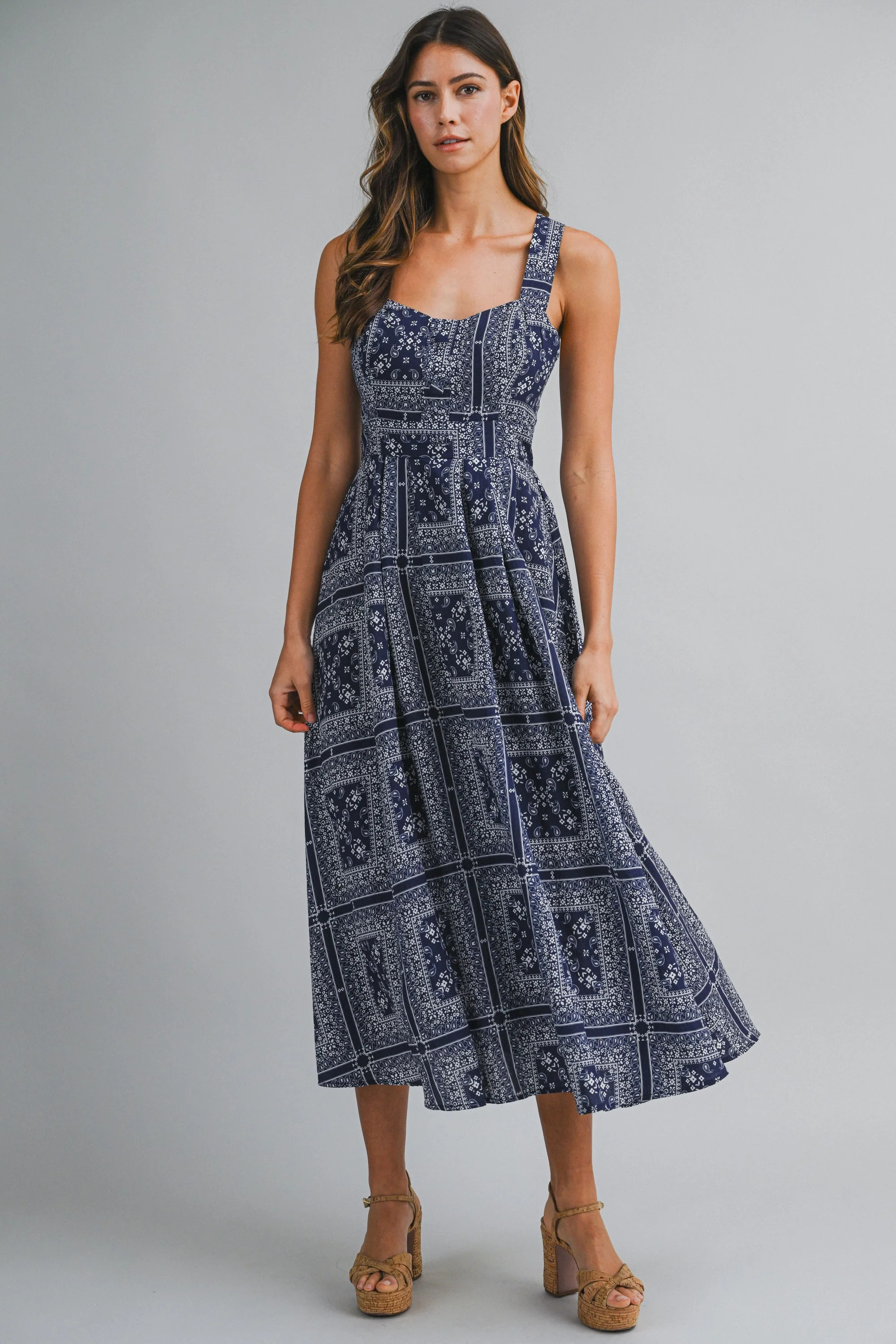 Navy Bandana Print Crisscross Back Midi Dress | PinkBlush Maternity