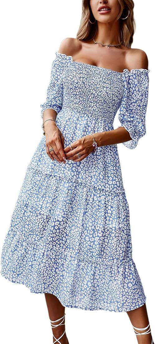 TEMOFON Women's Floral Print Dresses Square Neck Short Sleeve Dress Casual Flowy Midi Dresses S-X... | Amazon (US)