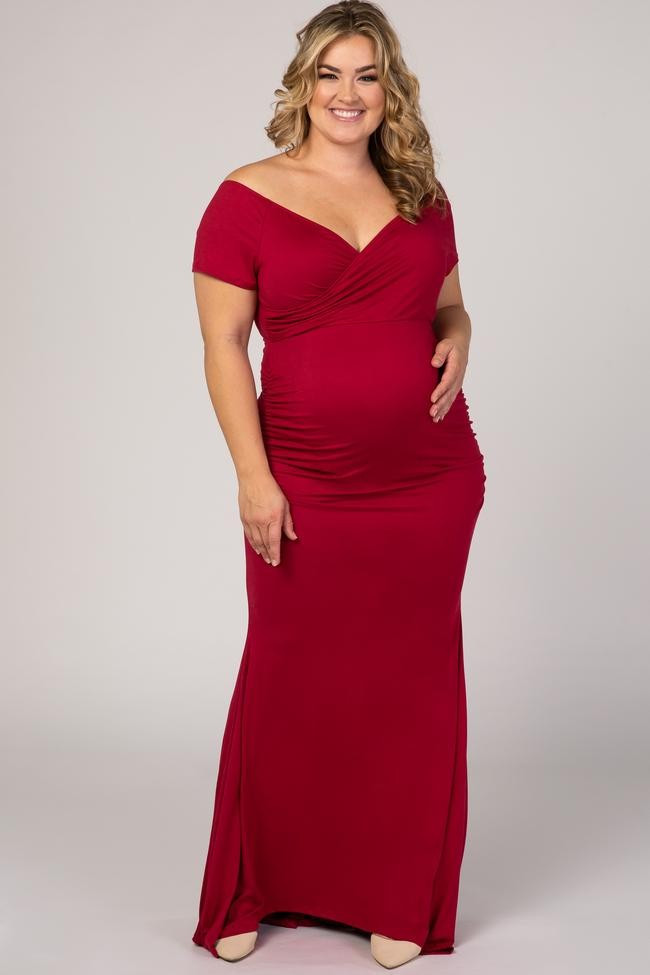 PinkBlush Burgundy Off Shoulder Wrap Plus Maternity Photoshoot Gown/Dress | PinkBlush Maternity