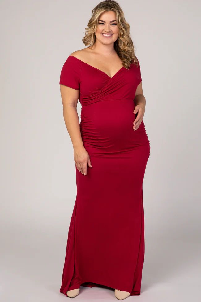 PinkBlush Burgundy Off Shoulder Wrap Plus Maternity Photoshoot Gown/Dress | PinkBlush Maternity