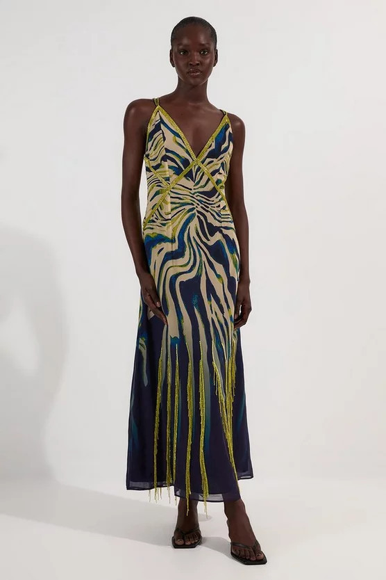 Animal Print Georgette Embellished Strappy Woven Maxi Dress | Karen Millen UK + IE + DE + NL