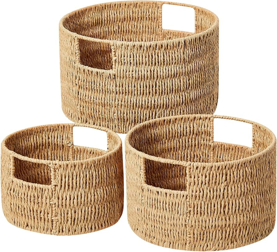 Vagusicc Wicker Storage Basket, Hand-Woven Paper Rope Large Round Woven Basket With Handles, Wick... | Amazon (US)