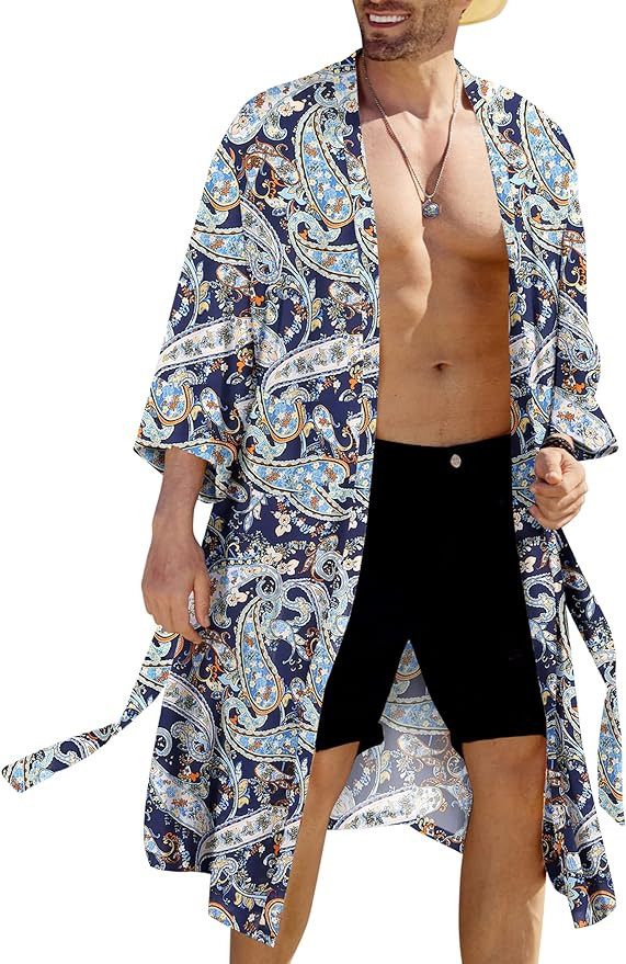 COOFANDY Men's Lightweight Kimono Robe Japanese Bathrobes Open Front Long Cardigan Cloak with Bel... | Amazon (US)