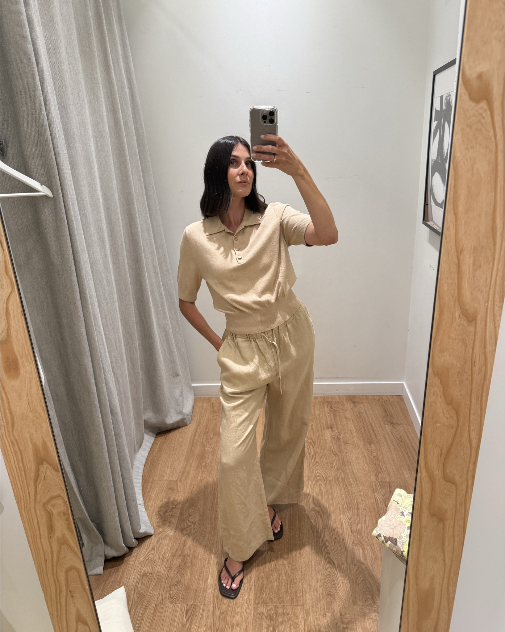 An outfit I tried on in Seed - polo shirt and linen pants combo, paired with chocolate thong slides. Size 8 in both x 