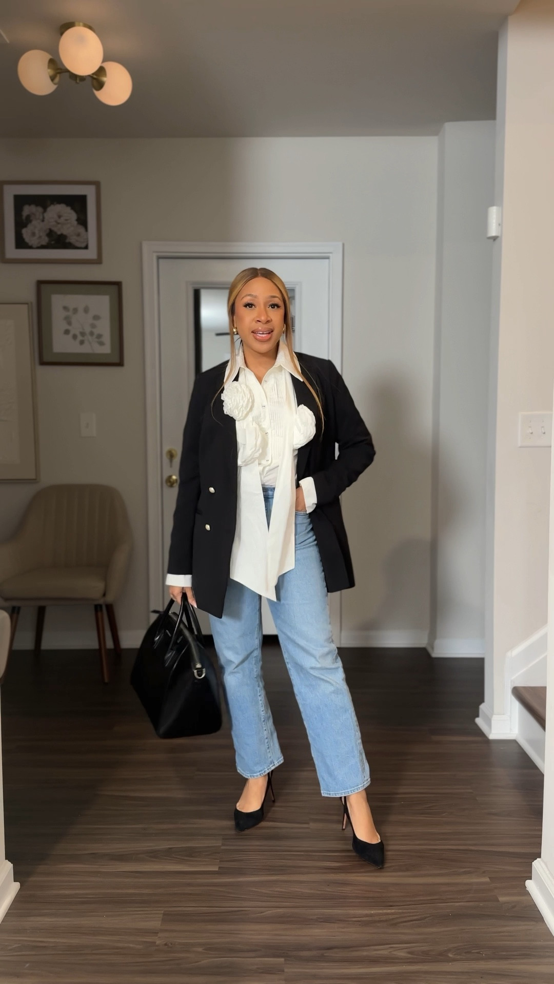 On Mondays, we wear jeans.

Wearing a black blazer with a tuxedo shirt and straight legs jeans. The blazer and shirt are old but found some similar items under $100. 

(The blazers are good. They’re TTS so take your usual size. I’m wearing a size 6.)

The jeans run big so order a size down. I’m wearing a size 26. 