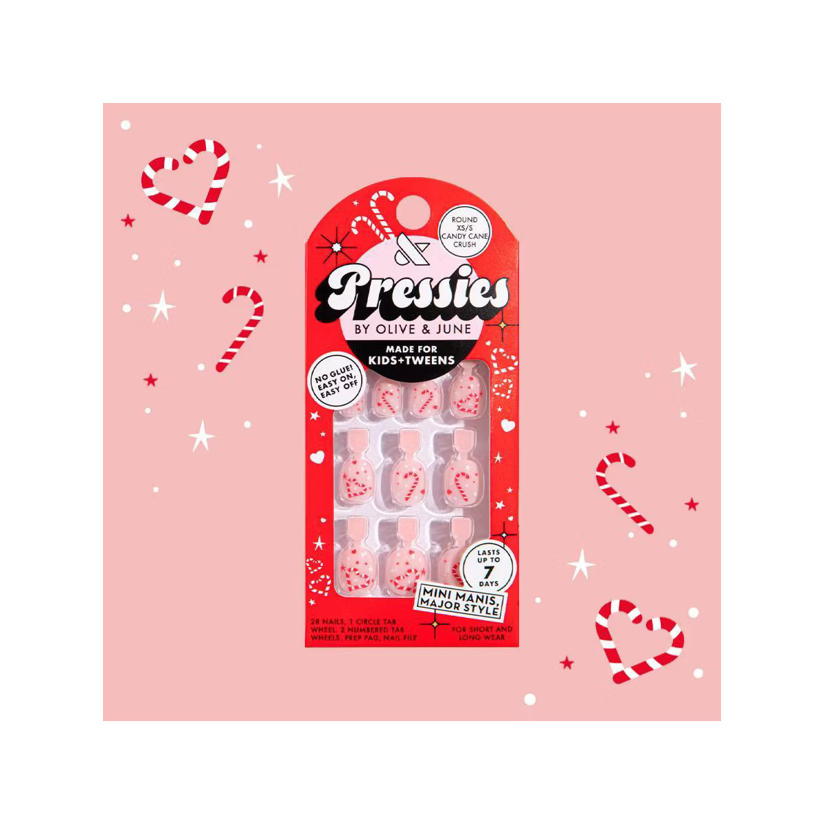 Olive & June Pressies Fake Nails - XS Round - Candy Cane Crush - 28ct | Target
