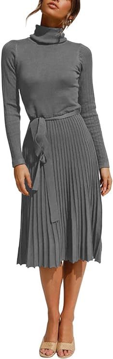 FUPHINE Women's Turtleneck Sweater Dress Elegant Long Sleeve Stretch Knit Midi Dresses with Belt | Amazon (US)