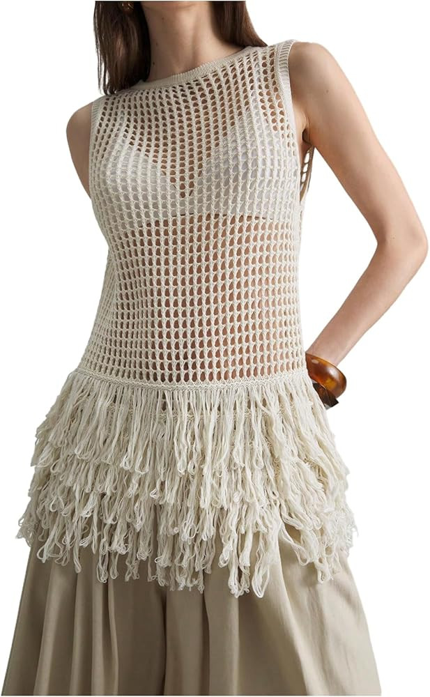Milumia Women's Hollow Out Fringe Knitted Tank Top Sexy Sheer Sleeveless Long Sweater Vests | Amazon (US)