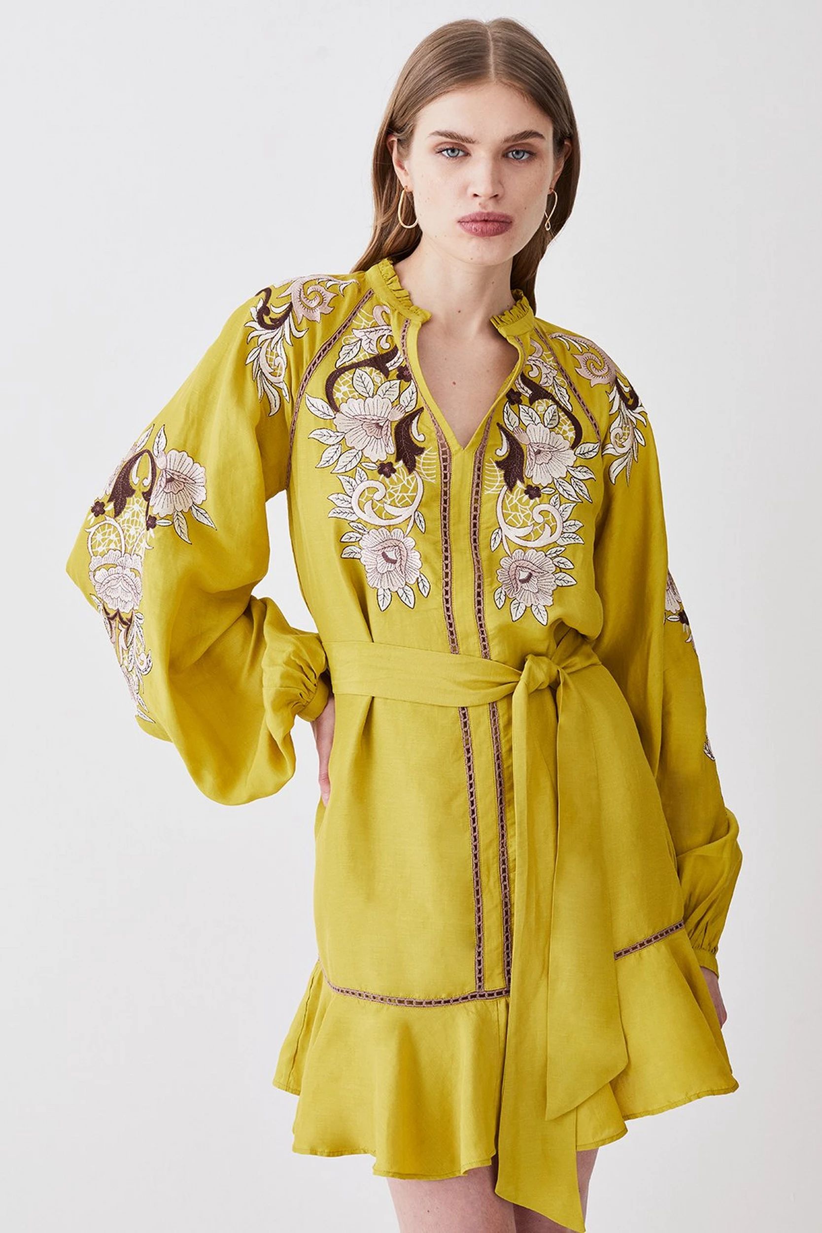 Embroidered Viscose Linen Mini Dress | Karen Millen US
