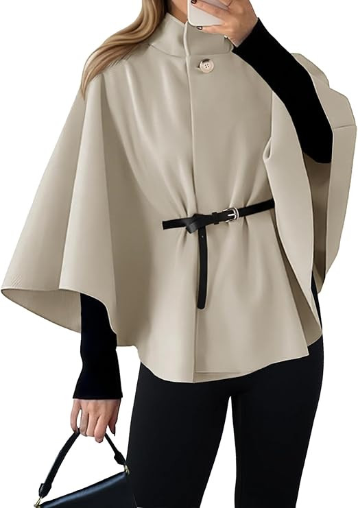 Cicy Bell Womens Batwing Sleeve Poncho Pea Coats Oversized Belted Trendy Casual Stand Collar Cloa... | Amazon (US)