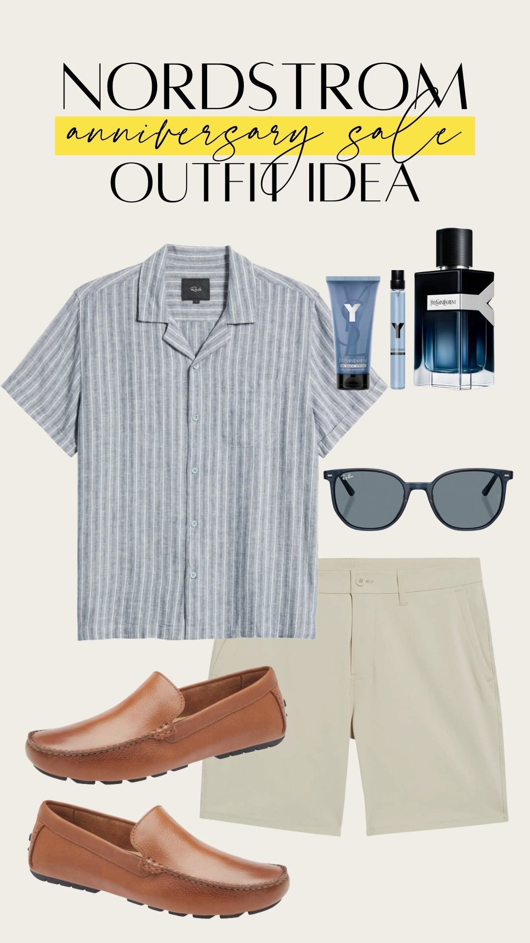 Mens blue & white striped linen short sleeve button down, with tan golf shorts. Chic tan driving loafers. Summer date night look for men. 

 #LTKSaleAlert #LTKStyleTip #LTKMens