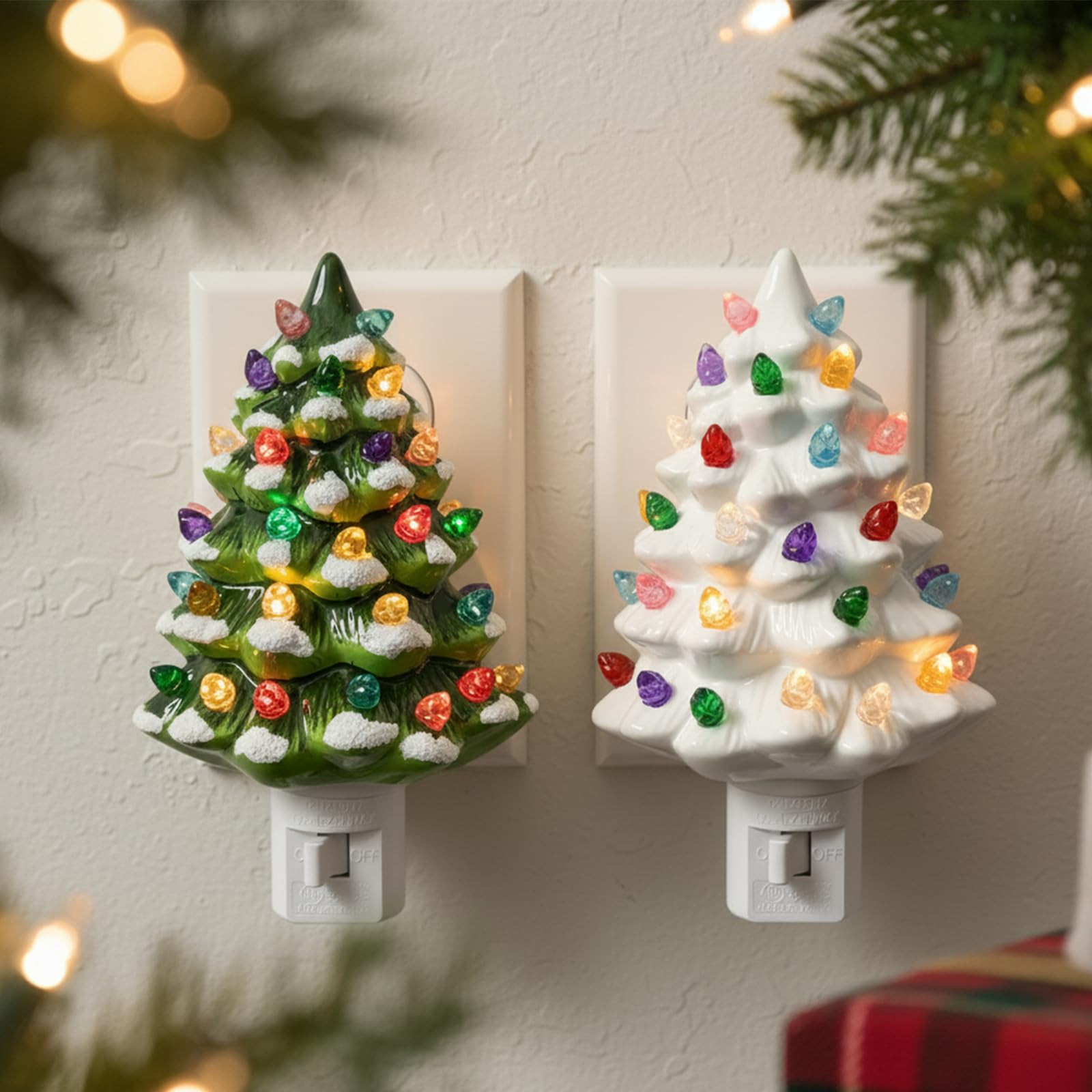 2 Pack Christmas Green and White Ceramic Tree Night Light - 6" H Tabletop Holiday Nostalgic Light... | Amazon (US)