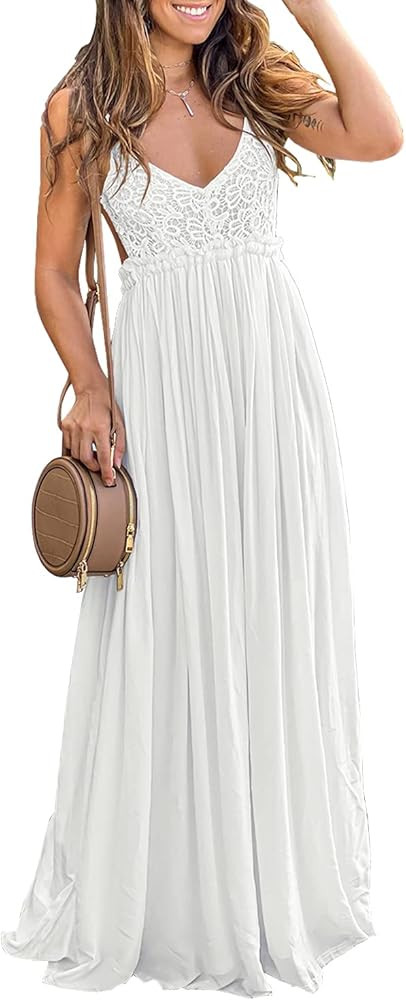 Ladmous Women's V Neck Floral Lace Wedding Dress Sleeveless Bridesmaid Evening Party Maxi Dress | Amazon (US)