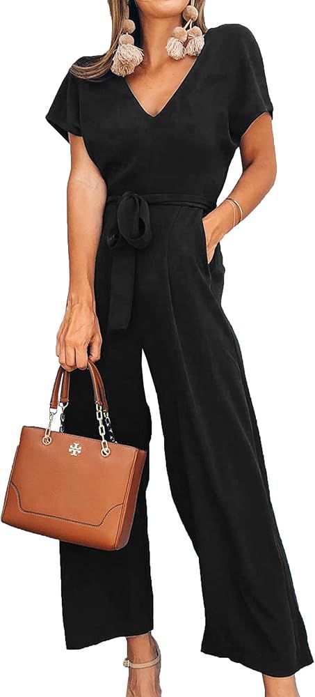Women V Neck Short Sleeves Tie Waist Jumpsuits Long Wide Pants Casual Jumpsuit with Pockets | Amazon (US)