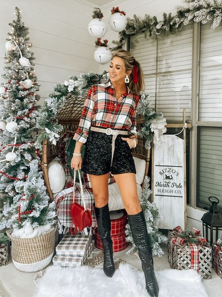 Red Tartan Christmas plaid button down blouse | black sequin shorts | black croc boots | rhinestone belt | Christmas outfits | holiday party outfit | red hair bow clip

#LTKHoliday #LTKstyletip #LTKparties