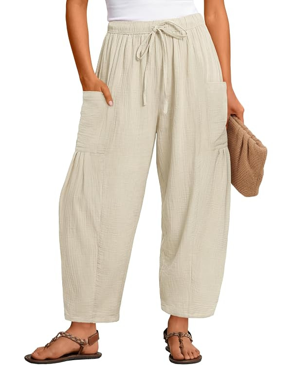 MEROKEETY Women's Cotton Linen Wide Leg Palazzo Barrel Pants Trousers | Casual Loose, Drawstring,... | Amazon (US)
