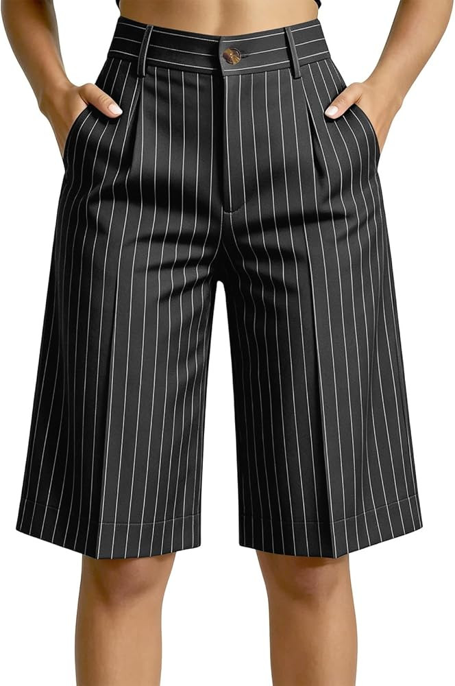 Women's Striped Bermuda Dress Shorts High Waisted Wide Leg Pockets | Amazon (US)