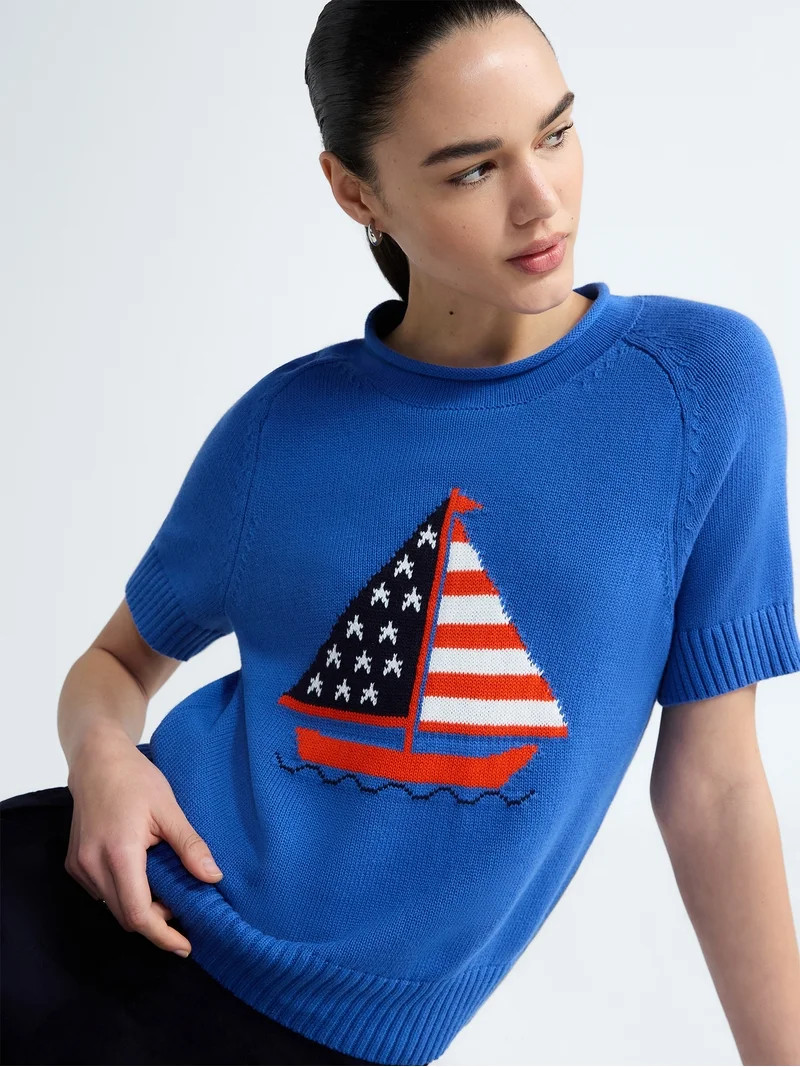 Free Assembly Women's and Women's Plus Roll Neck Cotton Sweater with Short Sleeves, Sizes XS-4X | Walmart (US)