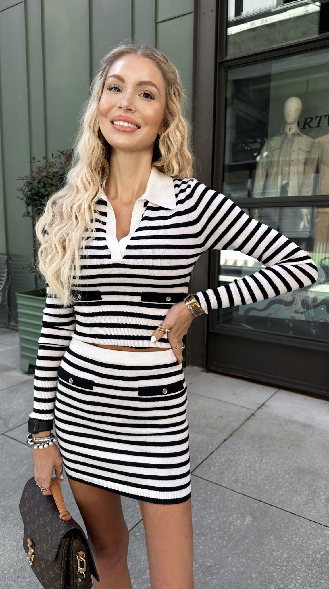 Wearing size xs top & xs skirt 





Revolve striped preppy set matching skirt set old money black and white stripe summer spring break collared 