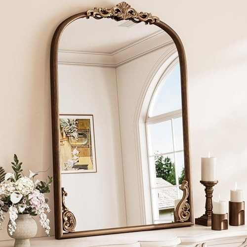 TETOTE Antique Gold Arched Mirror for Mantle Fireplace 24 x 36 Baroque Brass Vintage Arch Ornate Mirror for Traditional Victorian French Decor, French Cleat Mount | Amazon (US)