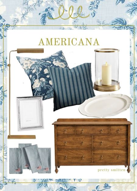 Americana vibes from Pottery Barn - I just bought the floral and strip me throw pillows for our basement. They feel like Ralph Lauren to me!

Vintage style dresser, brass hurricane, American flag napkins, white serving platter, silver frame, brass floor task lamp

#LTKHome